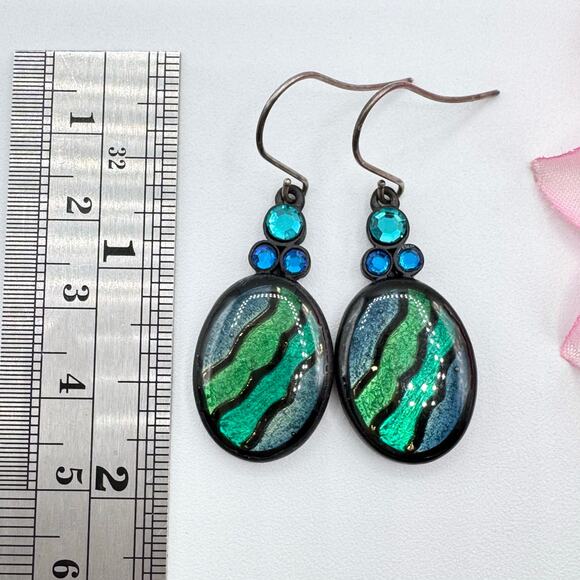 Chico’s Blue Green Metallic Enamel Stripe Rhinestone Earrings Mermaidcore Siren - Picture 8 of 11